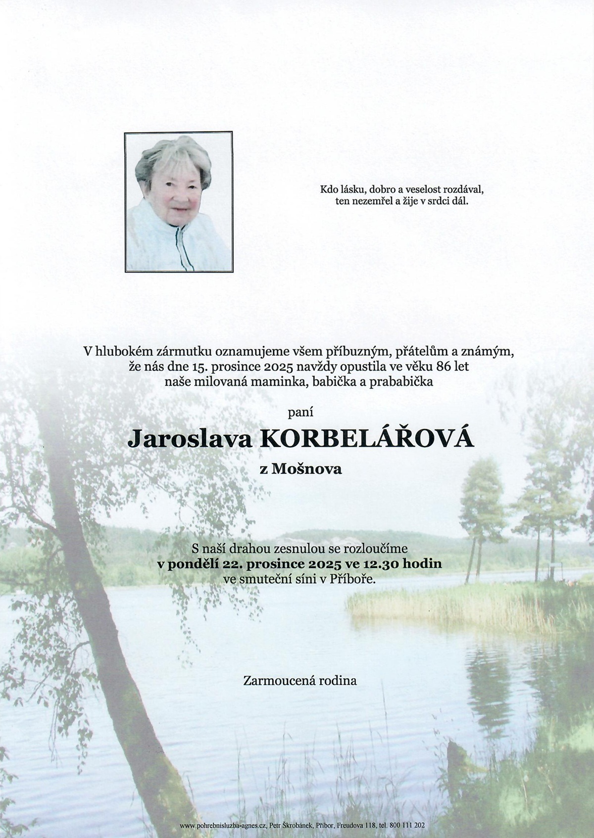 Smuteční oznámení – Jaroslava Korbelarova