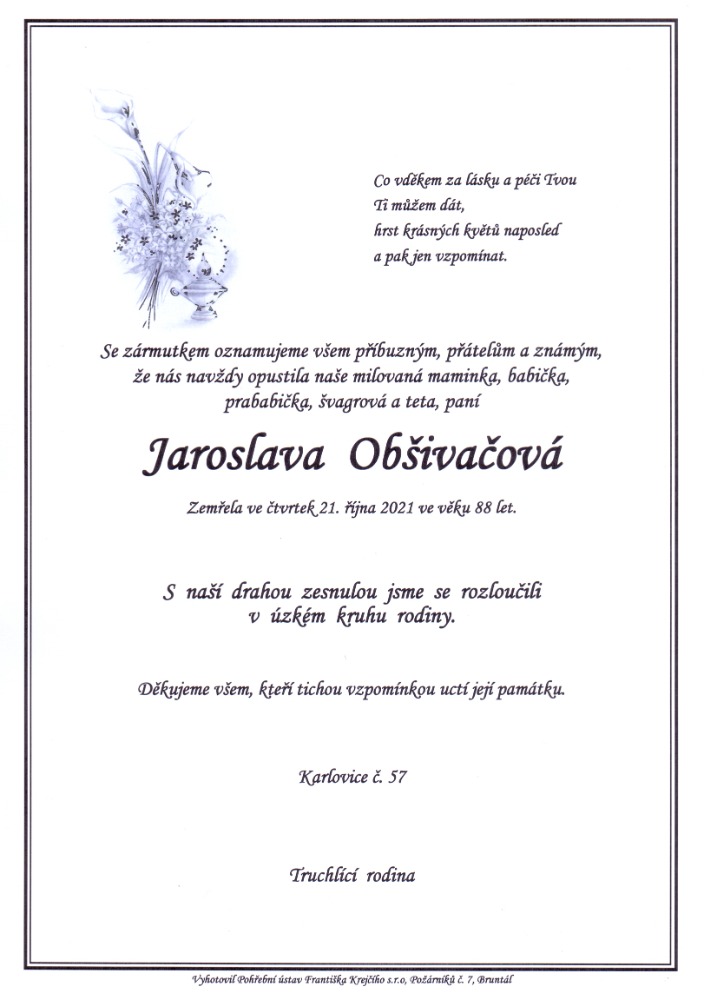 Smuteční oznámení – Jaroslava Obšivačová