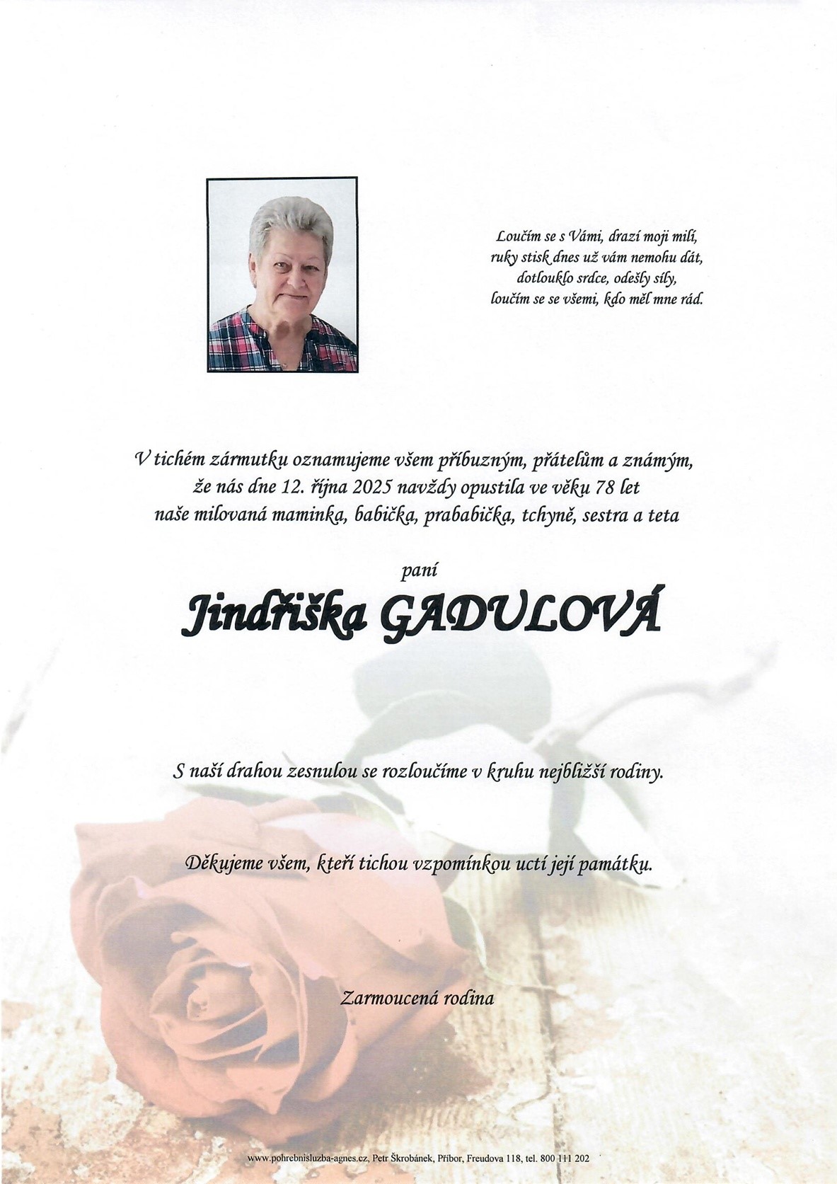 Smuteční oznámení – Jindřiška Gadulová