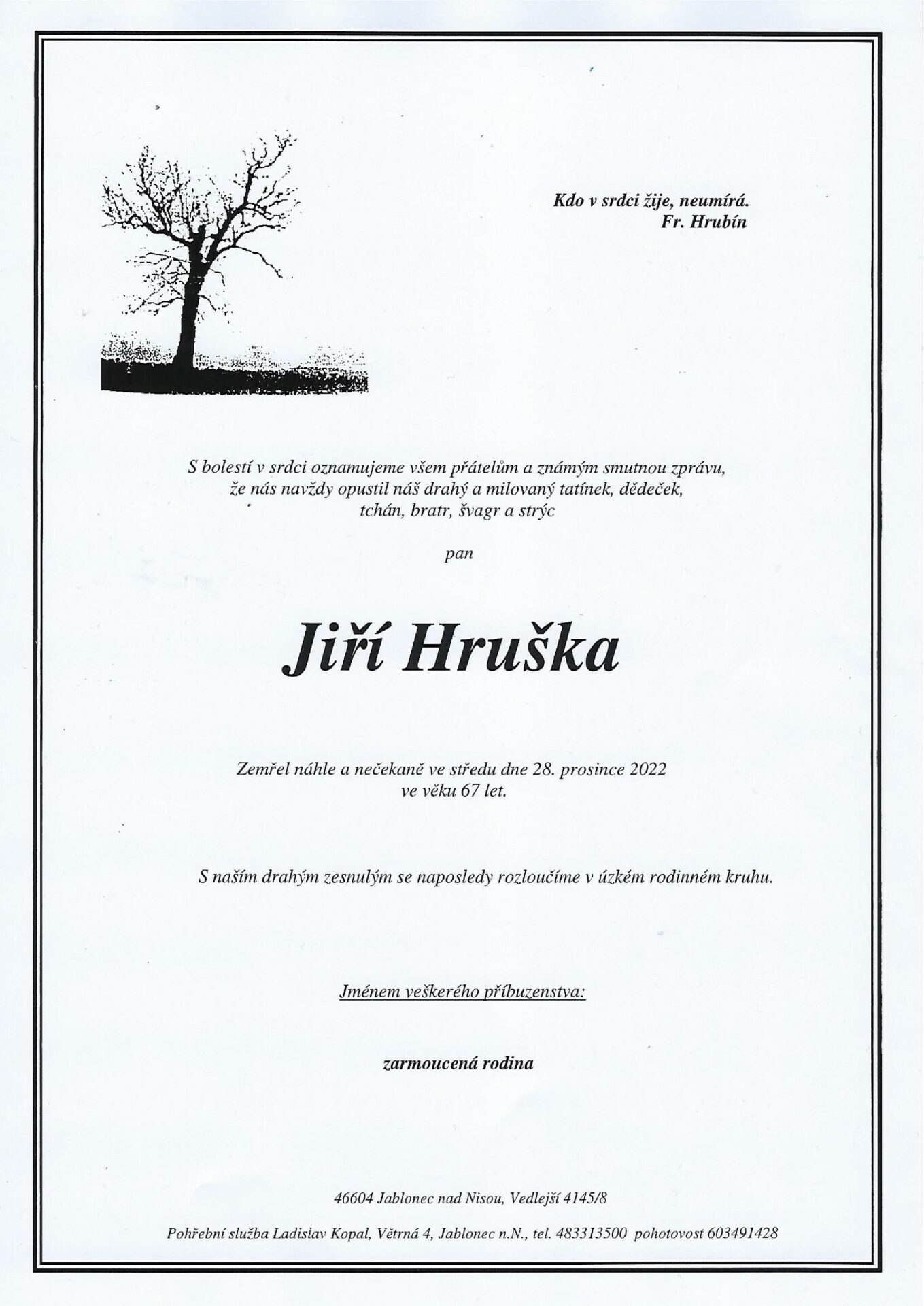 Smuteční oznámení – Jiří Hruška