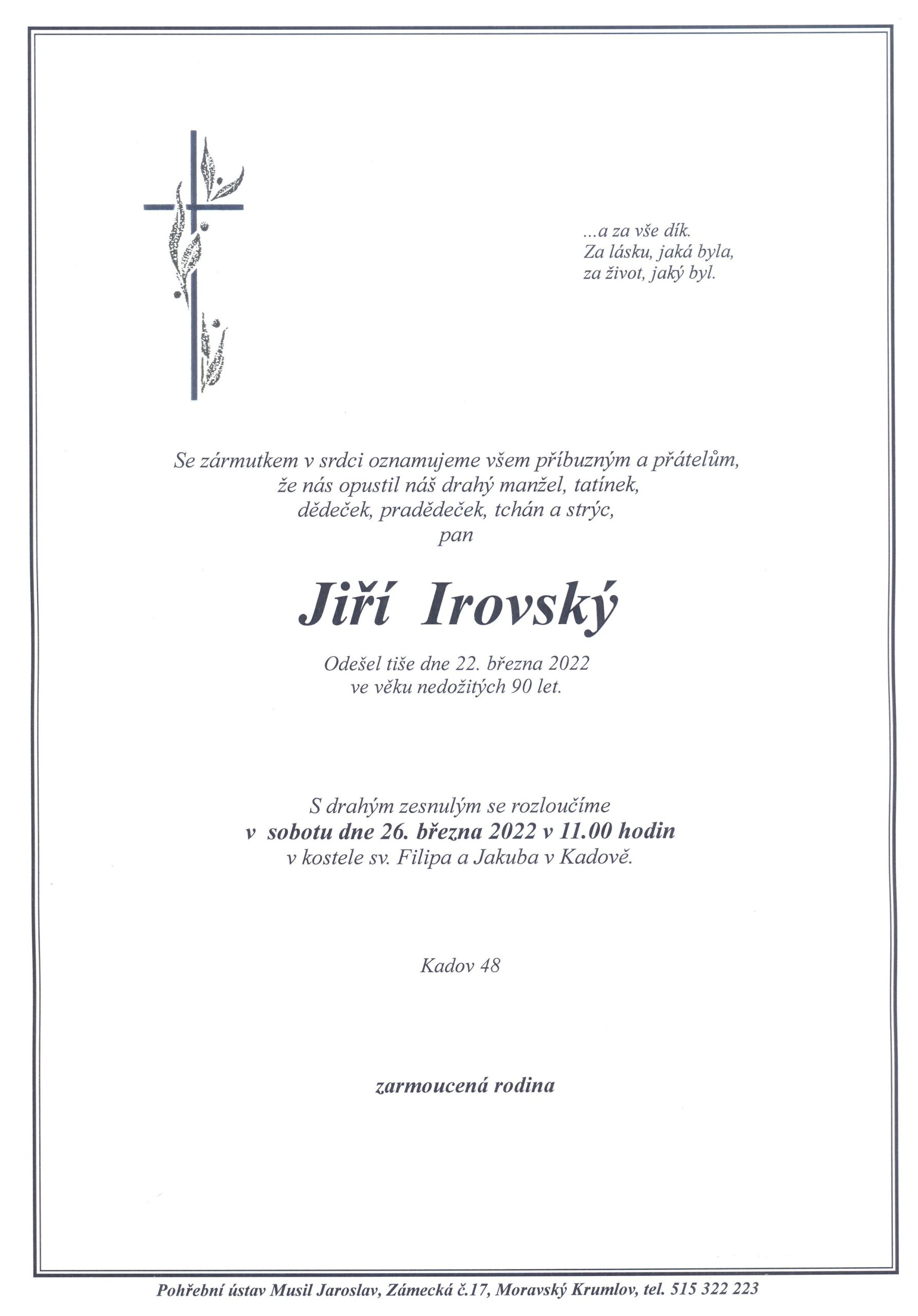 Smuteční oznámení – Ing. Jiri Irovsky