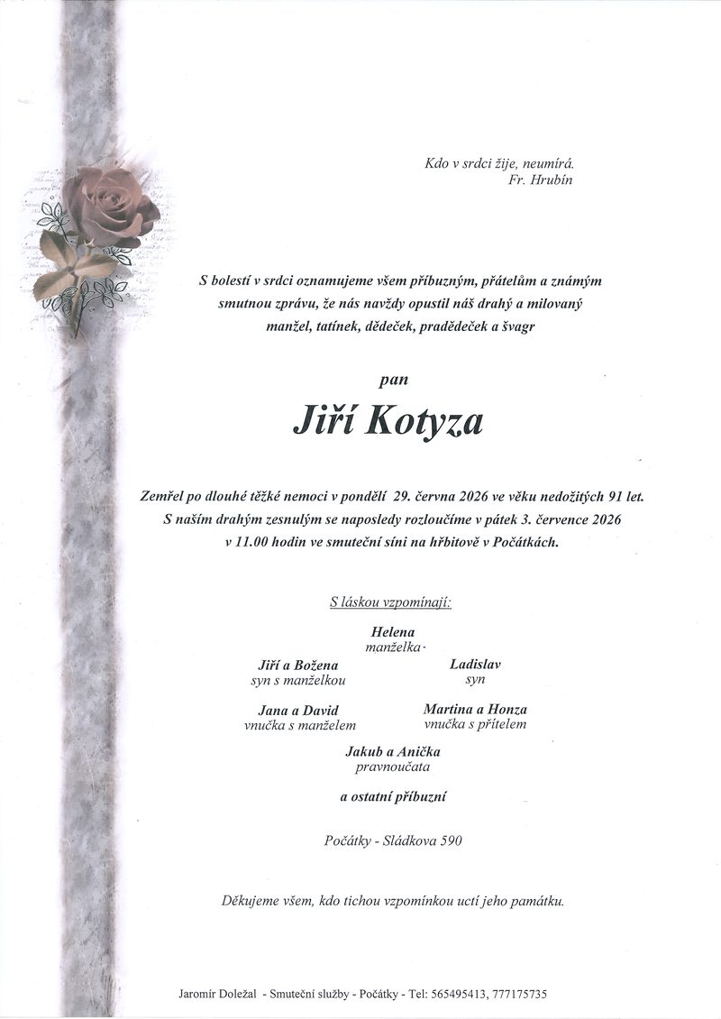 Smuteční oznámení – Jiří Kotyza