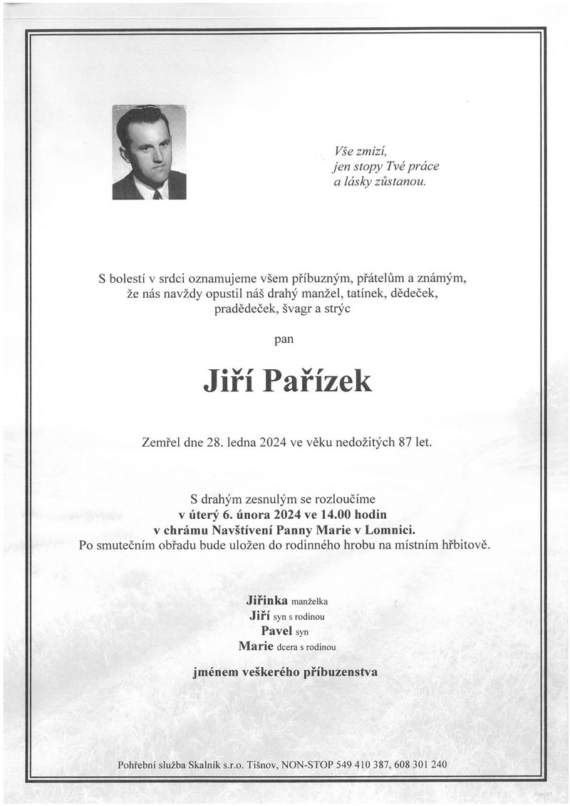 Smuteční oznámení – Jiří Pařízek