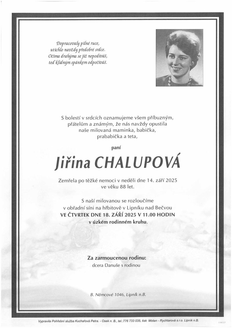 Smuteční oznámení – Jiřina Chalupová