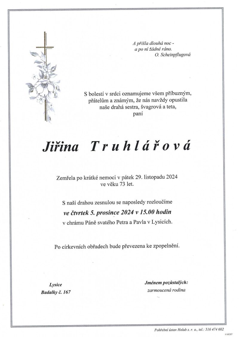 Smuteční oznámení – Jirina Truhlasova