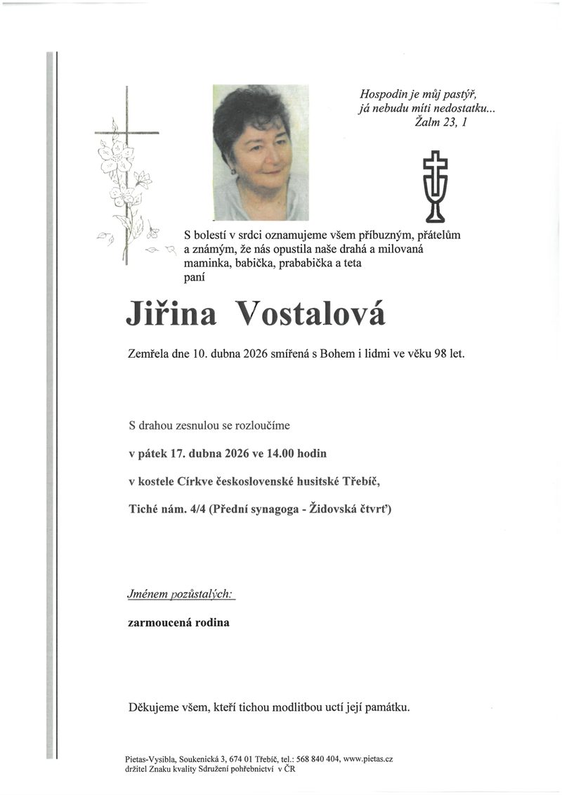 Smuteční oznámení – Jiřina Vostalová