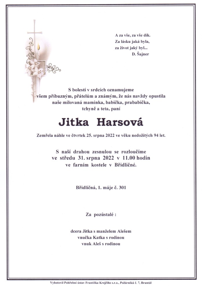 Smuteční oznámení – Jitka Harsová