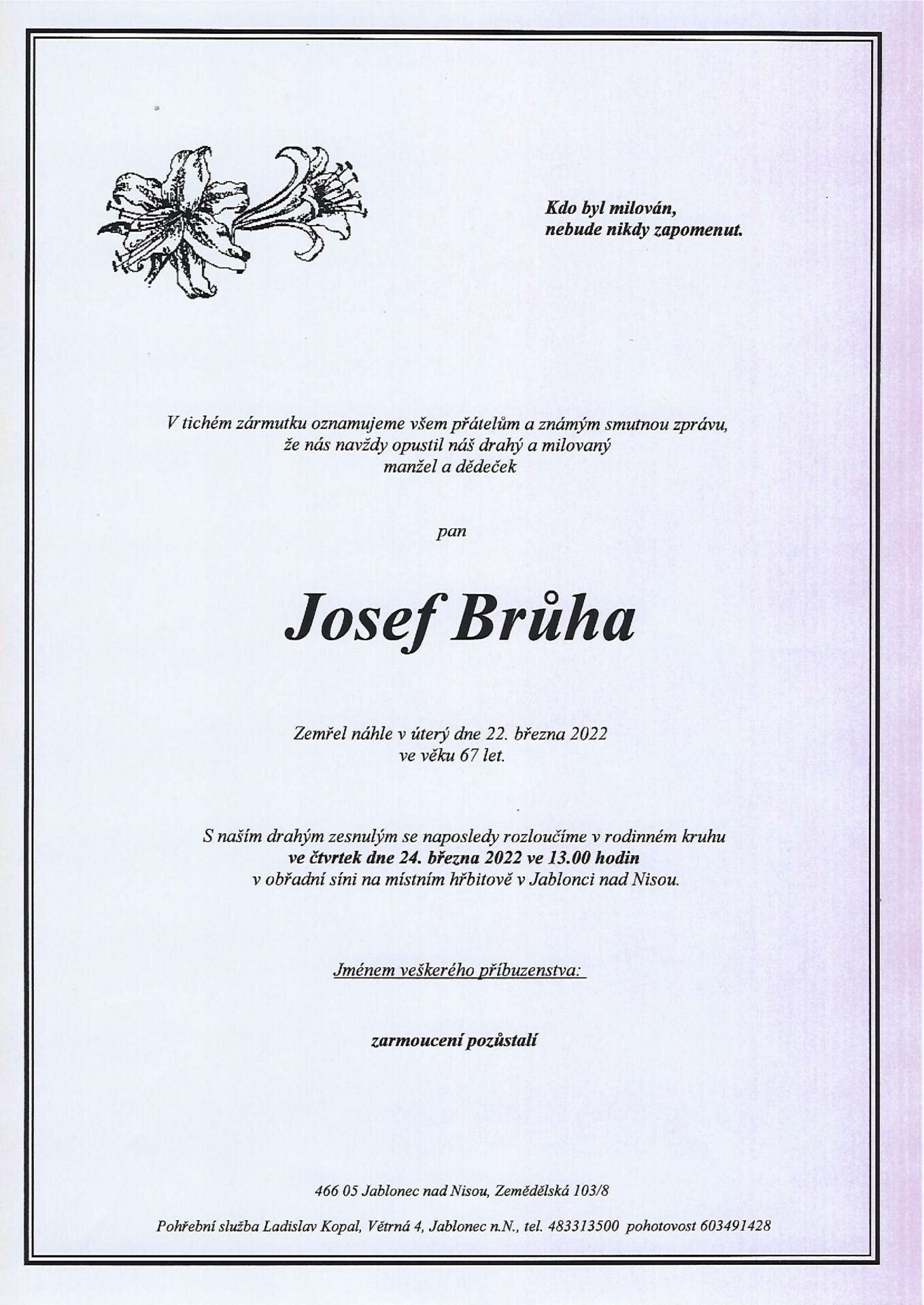 Smuteční oznámení – Josef Brůha