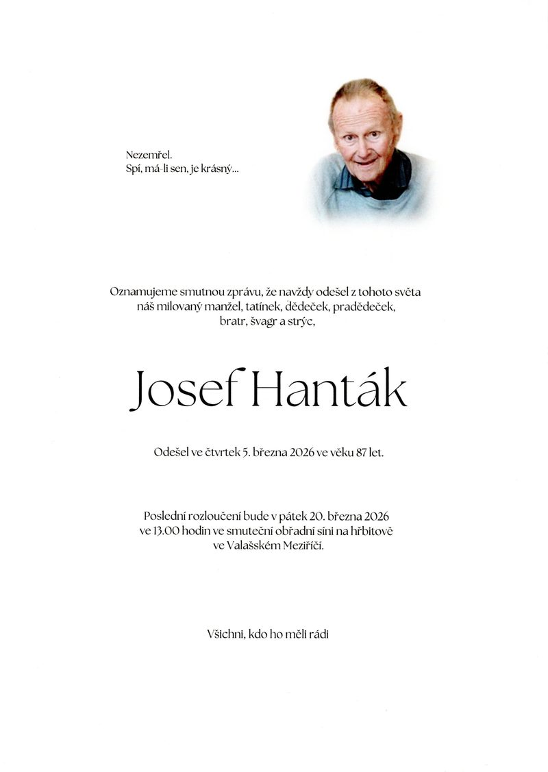 Smuteční oznámení – Josef Hanták