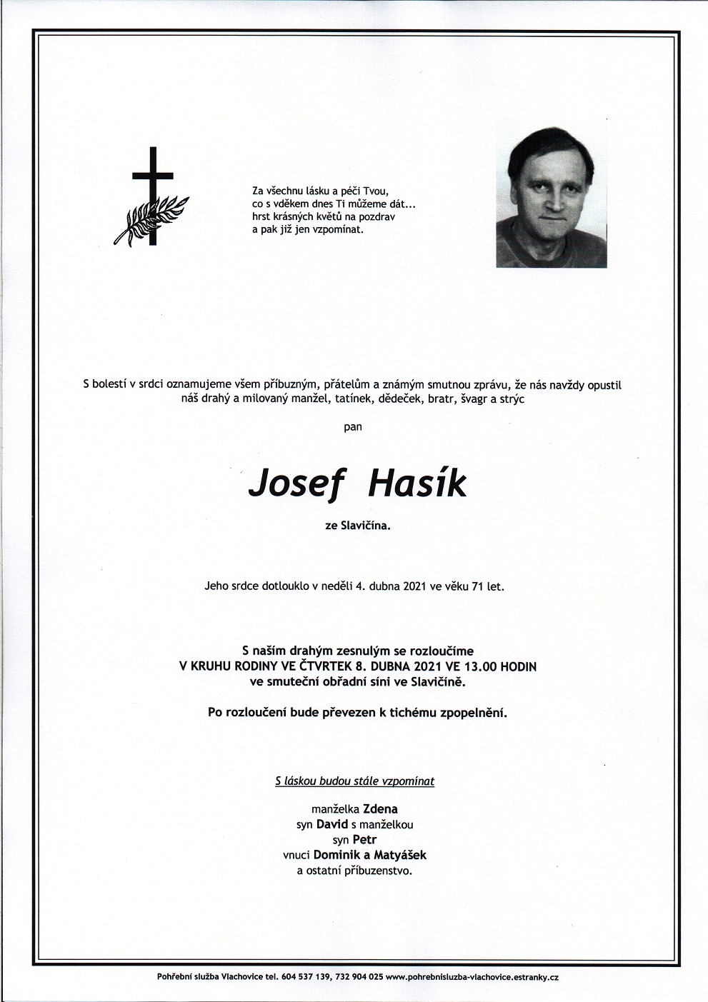 Smuteční oznámení – Josef Hasík