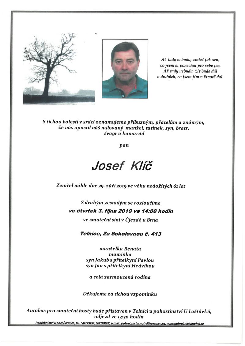 Smuteční oznámení – Josef Klic