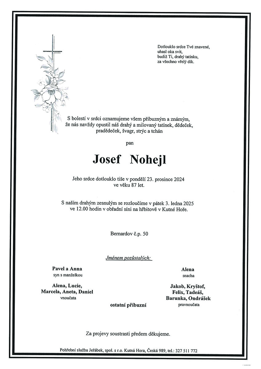 Smuteční oznámení – Josef Nohejl
