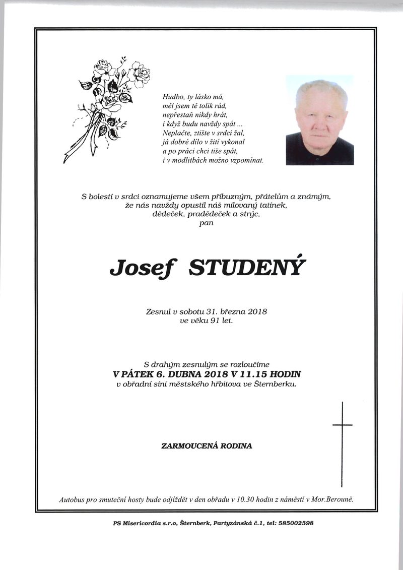 Smuteční oznámení – Josef Studený