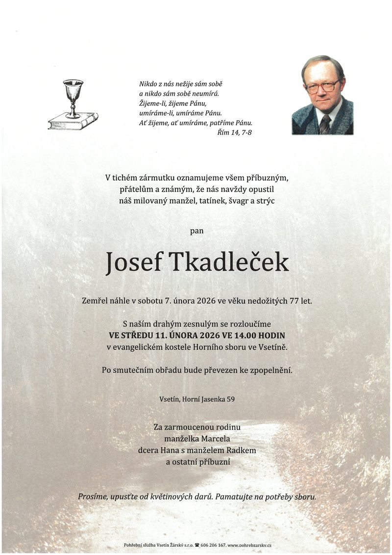 Smuteční oznámení – Josef Tkadleček
