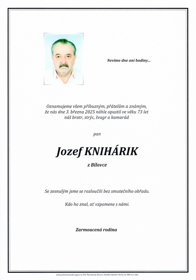 Smuteční oznámení – Jozef Knihárik