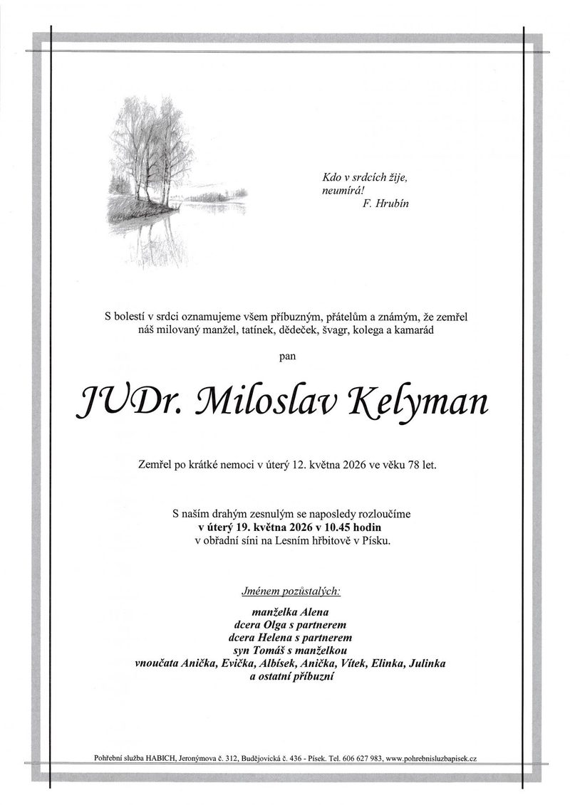 Smuteční oznámení – JVDr. Miloslav Kelyman