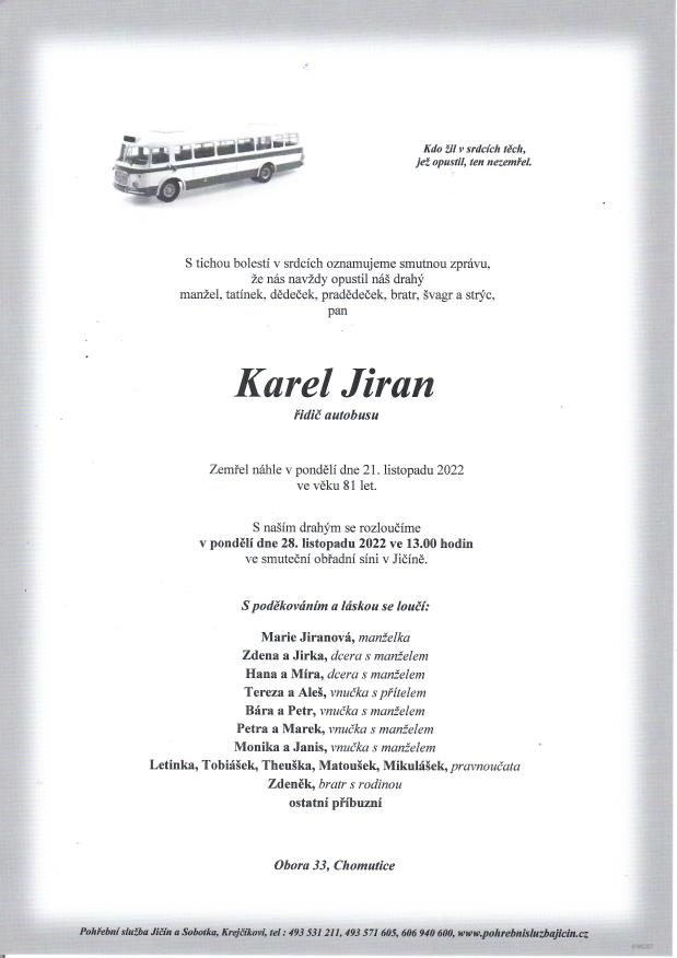 Smuteční oznámení – Karel Jiran
