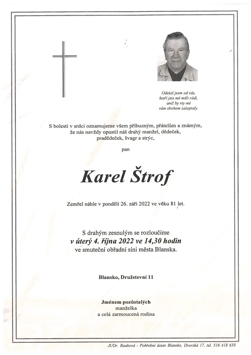 Smuteční oznámení – Karel Štrof