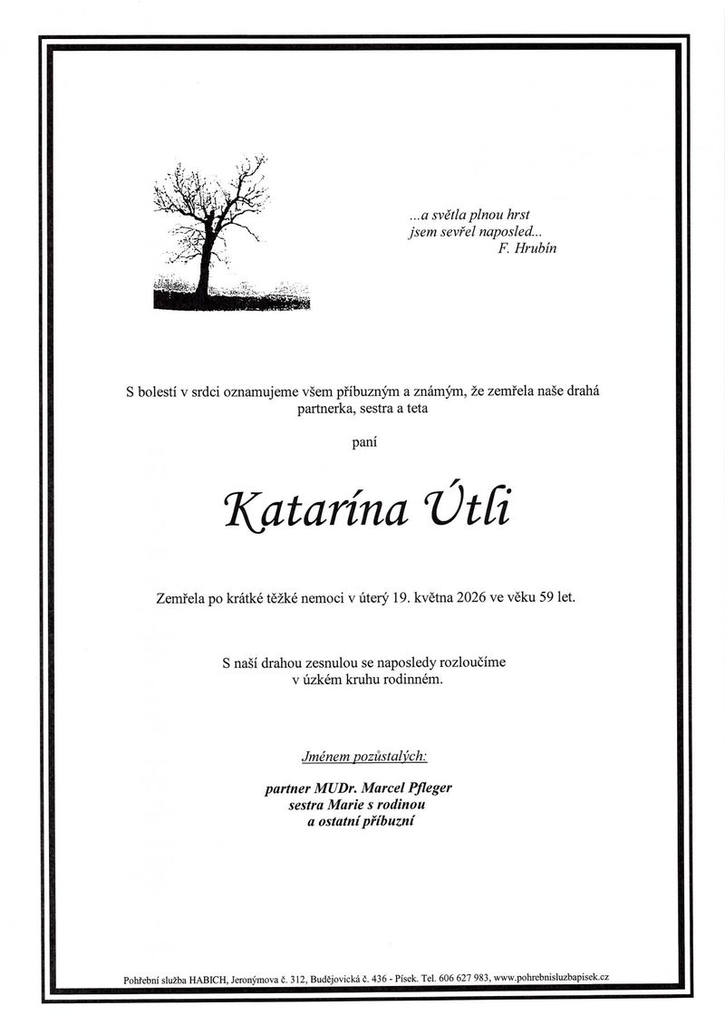 Smuteční oznámení – Katarína Útli