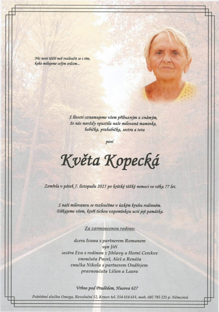 Smuteční oznámení – Květa Kopecká