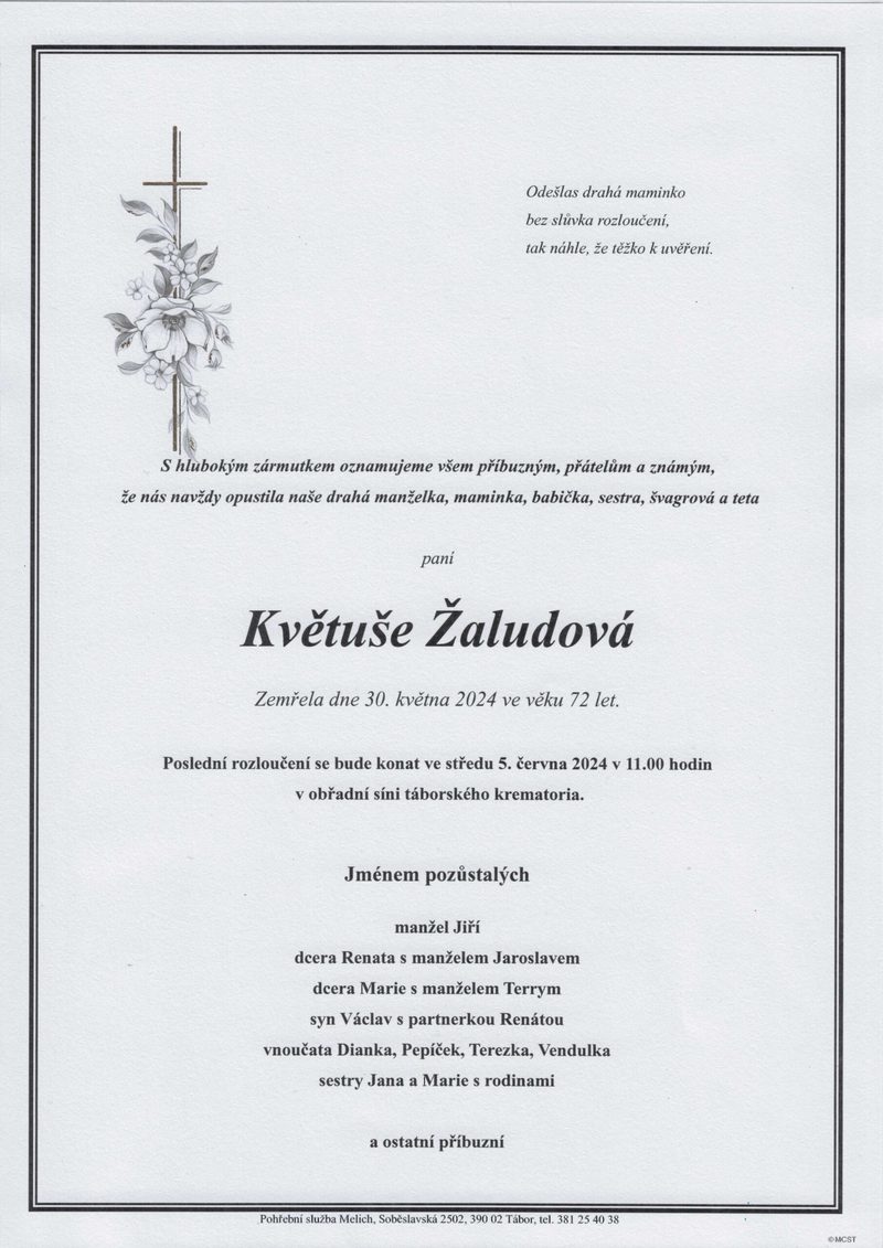 Smuteční oznámení – Květuše Žaludová