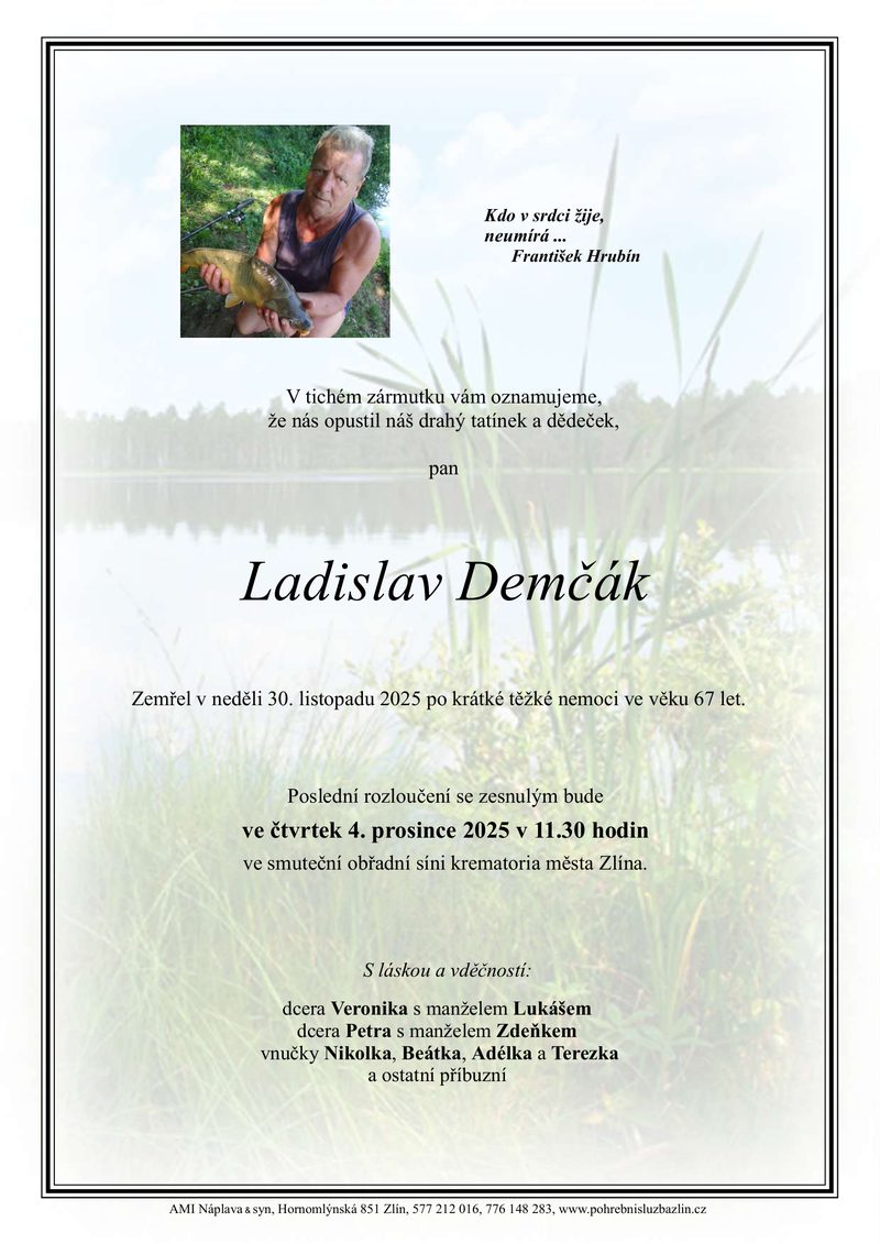 Smuteční oznámení – Ladislav Demcak