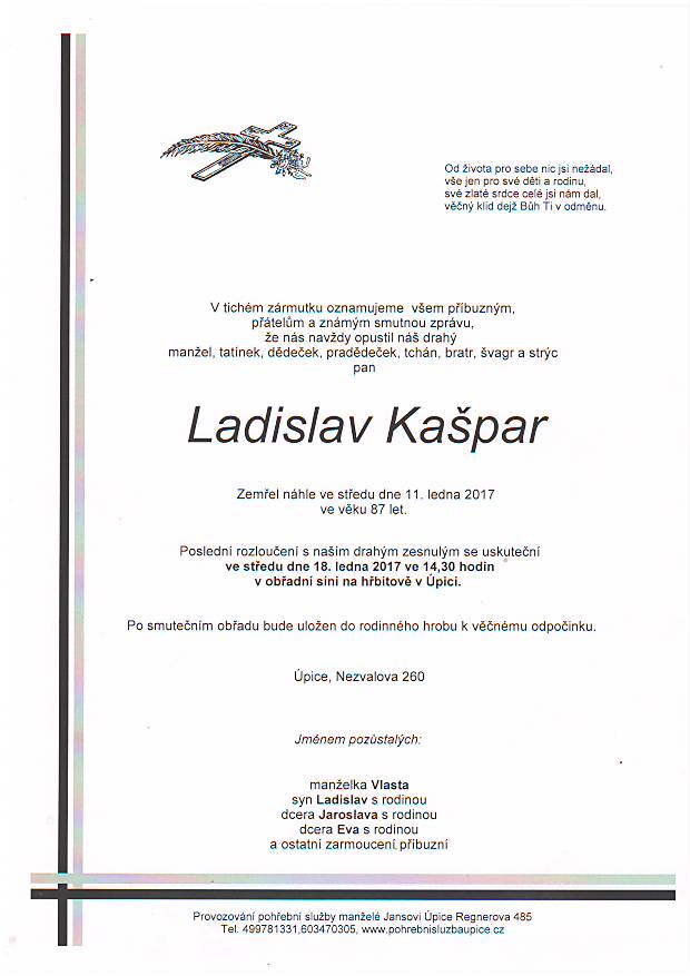 Smuteční oznámení – Ladislav Kašpar
