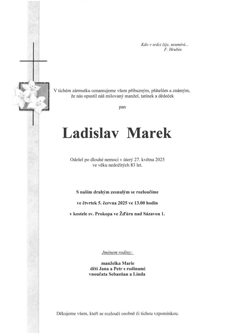 Smuteční oznámení – Ladislav Marek