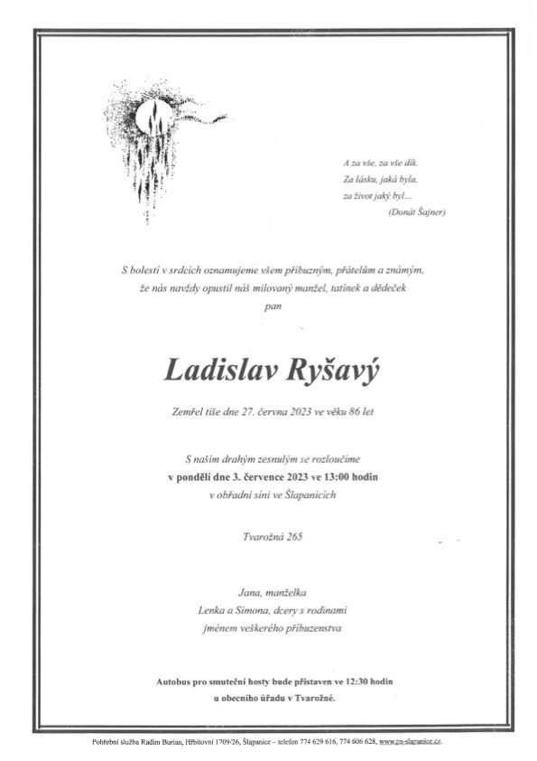Smuteční oznámení – Ladislav Ryšavý