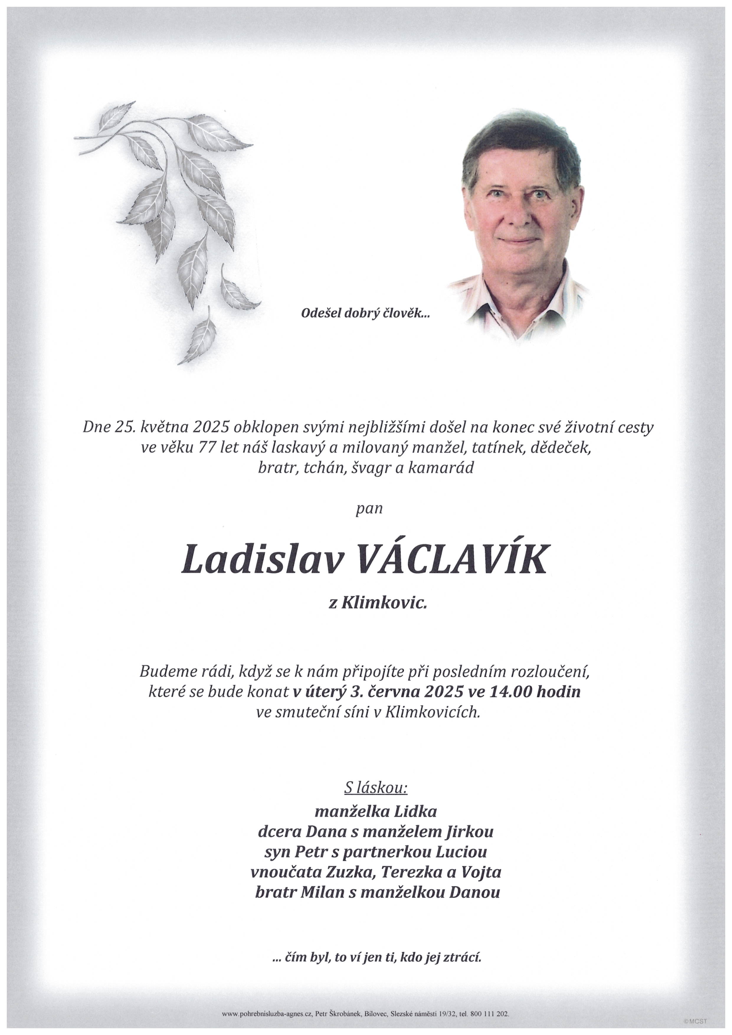 Smuteční oznámení – Ladislav Václavík