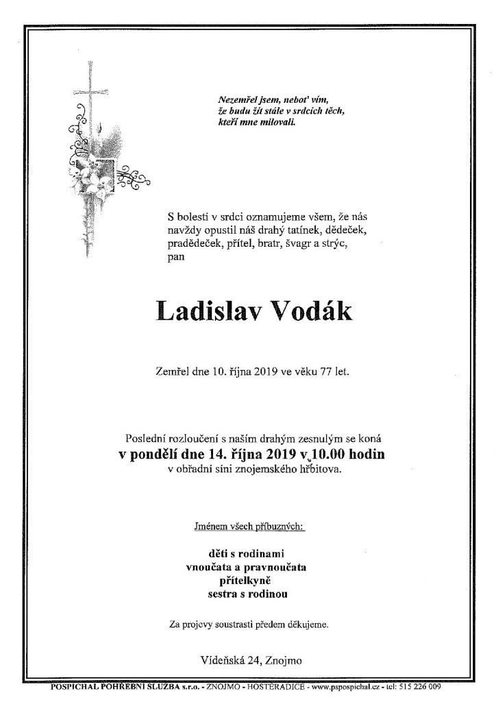 Smuteční oznámení – Ladislav Vodák