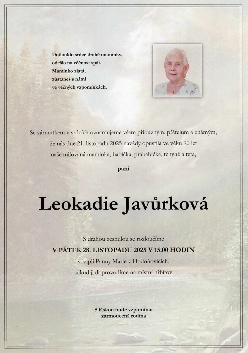 Smuteční oznámení – Leokadie Javurkova