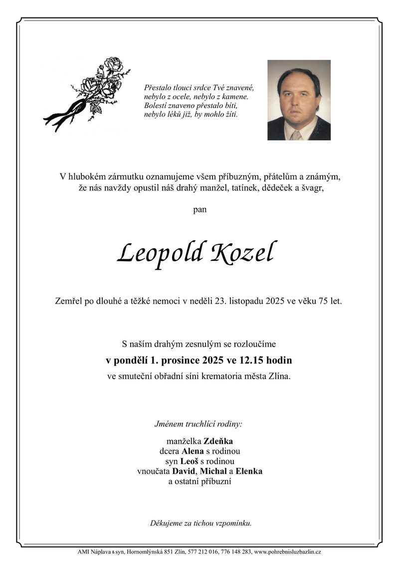 Smuteční oznámení – Leopold Kozel
