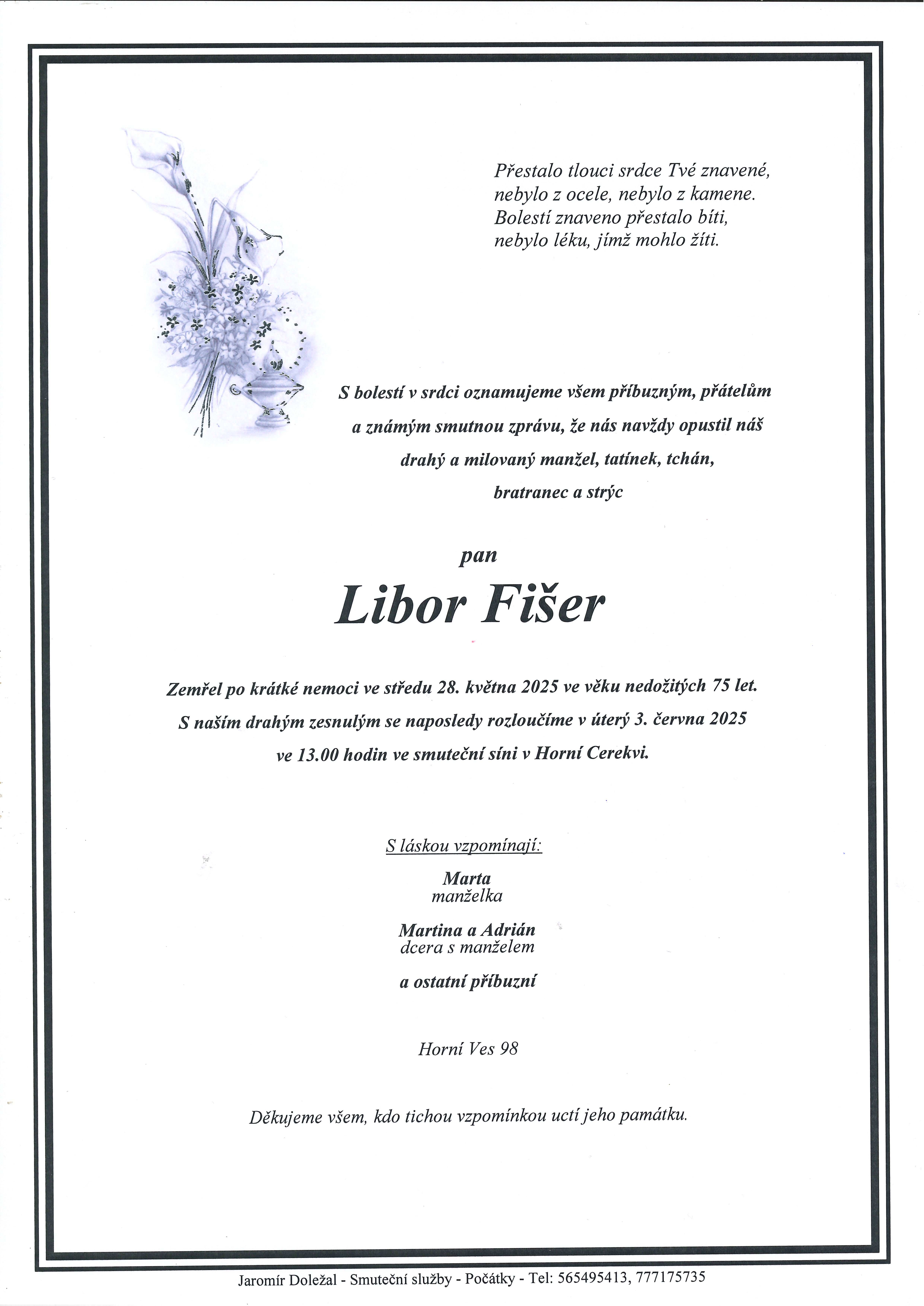 Smuteční oznámení – Libor Fišer