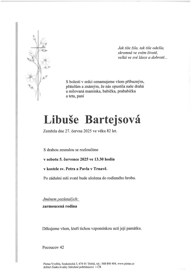 Smuteční oznámení – Libuše Bartejsová