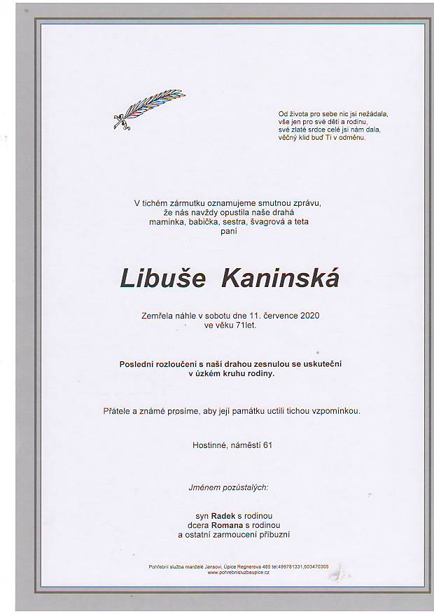 Smuteční oznámení – Libuše Kaninská