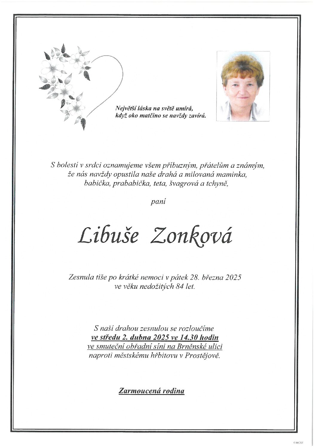 Smuteční oznámení – Libuše Zonková