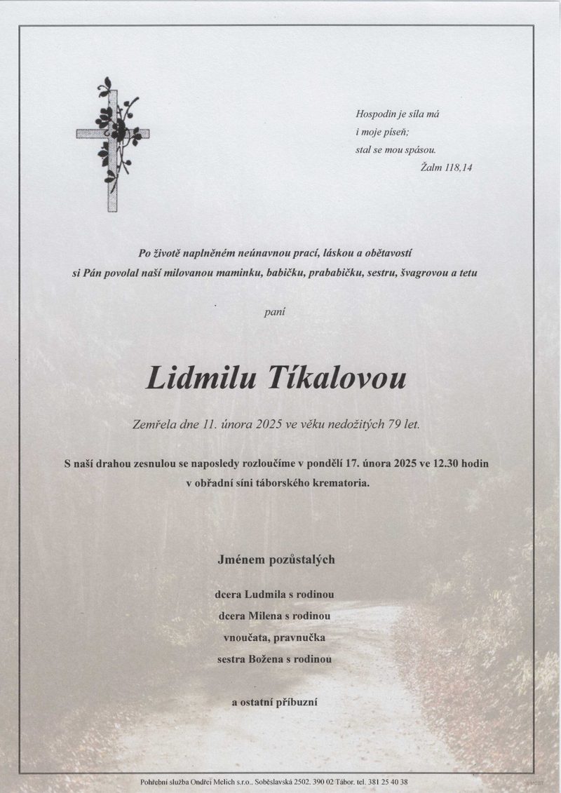 Smuteční oznámení – Lidmila Tikalova