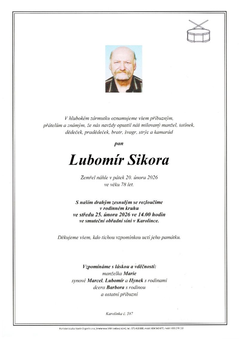 Smuteční oznámení – Lubomír Sikora