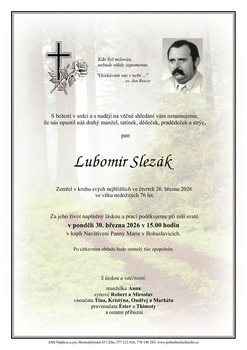 Smuteční oznámení – Lubomír Slezák