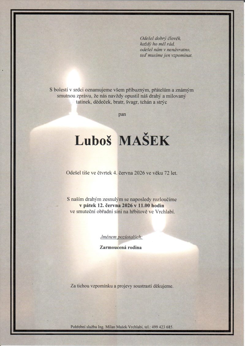 Smuteční oznámení – Luboš Mašek