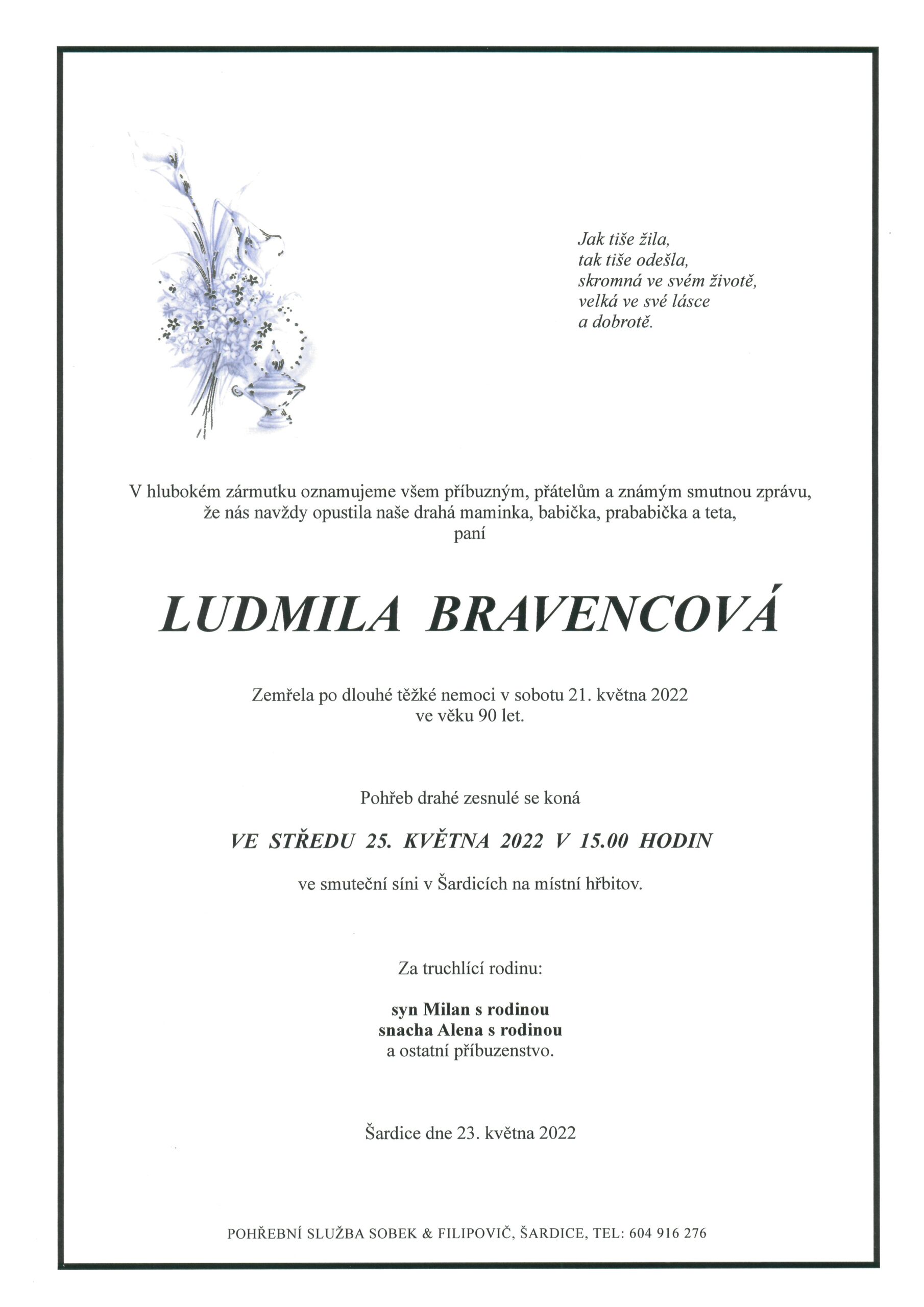 Smuteční oznámení – Ludmila Bravencová