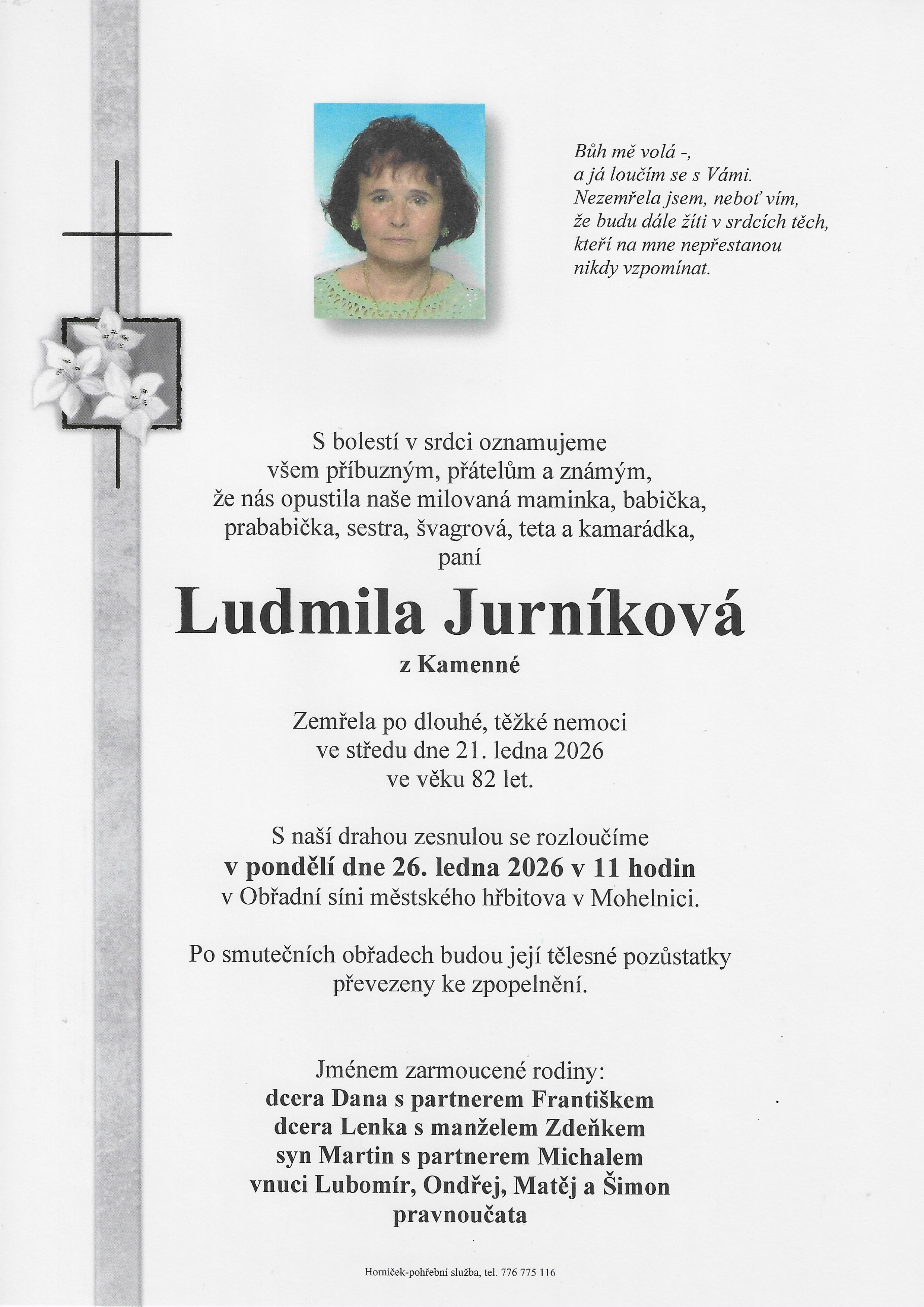 Smuteční oznámení – Ludmila Jurníková