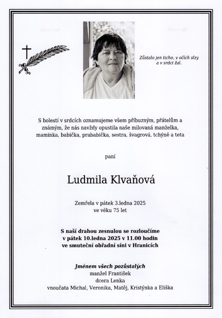 Smuteční oznámení – Ludmila Klvaňová