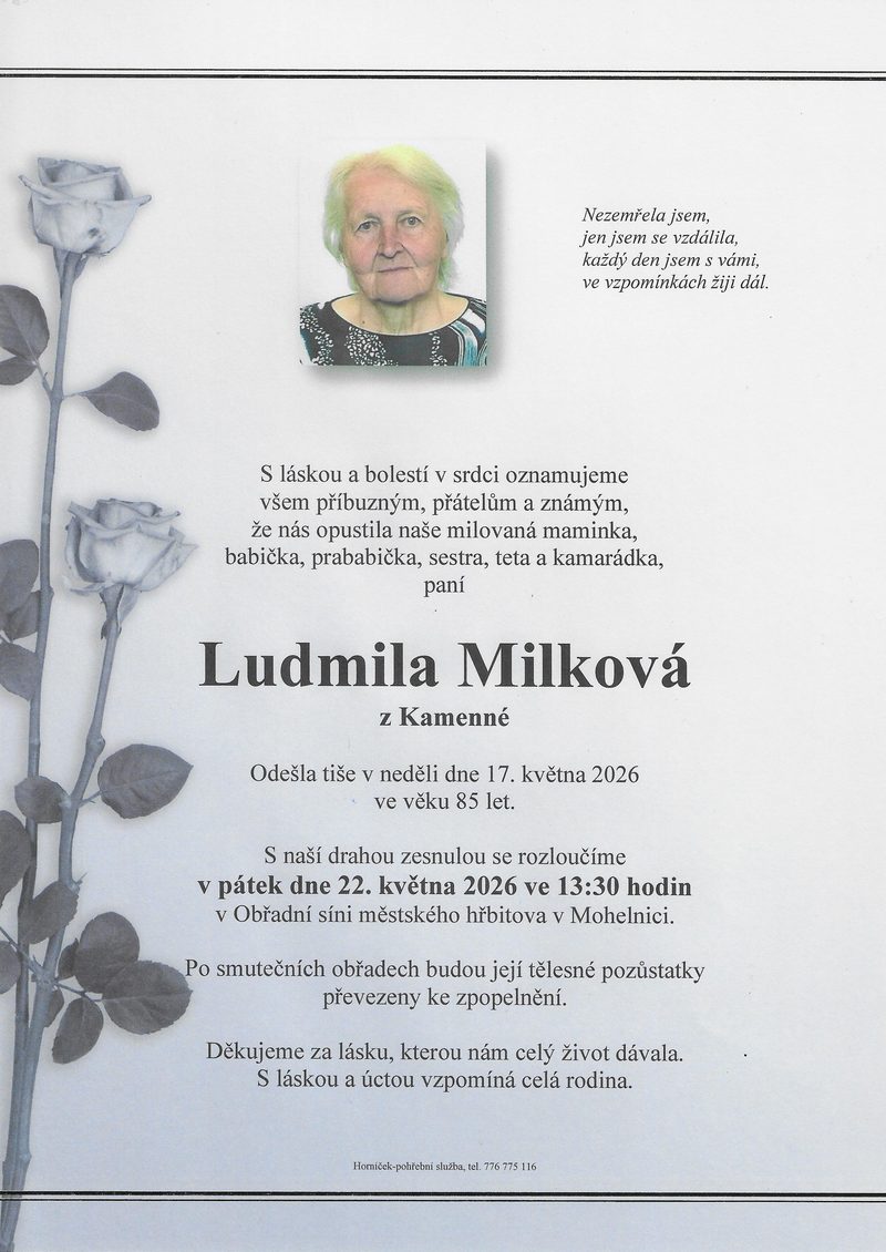 Smuteční oznámení – Ludmila Milková