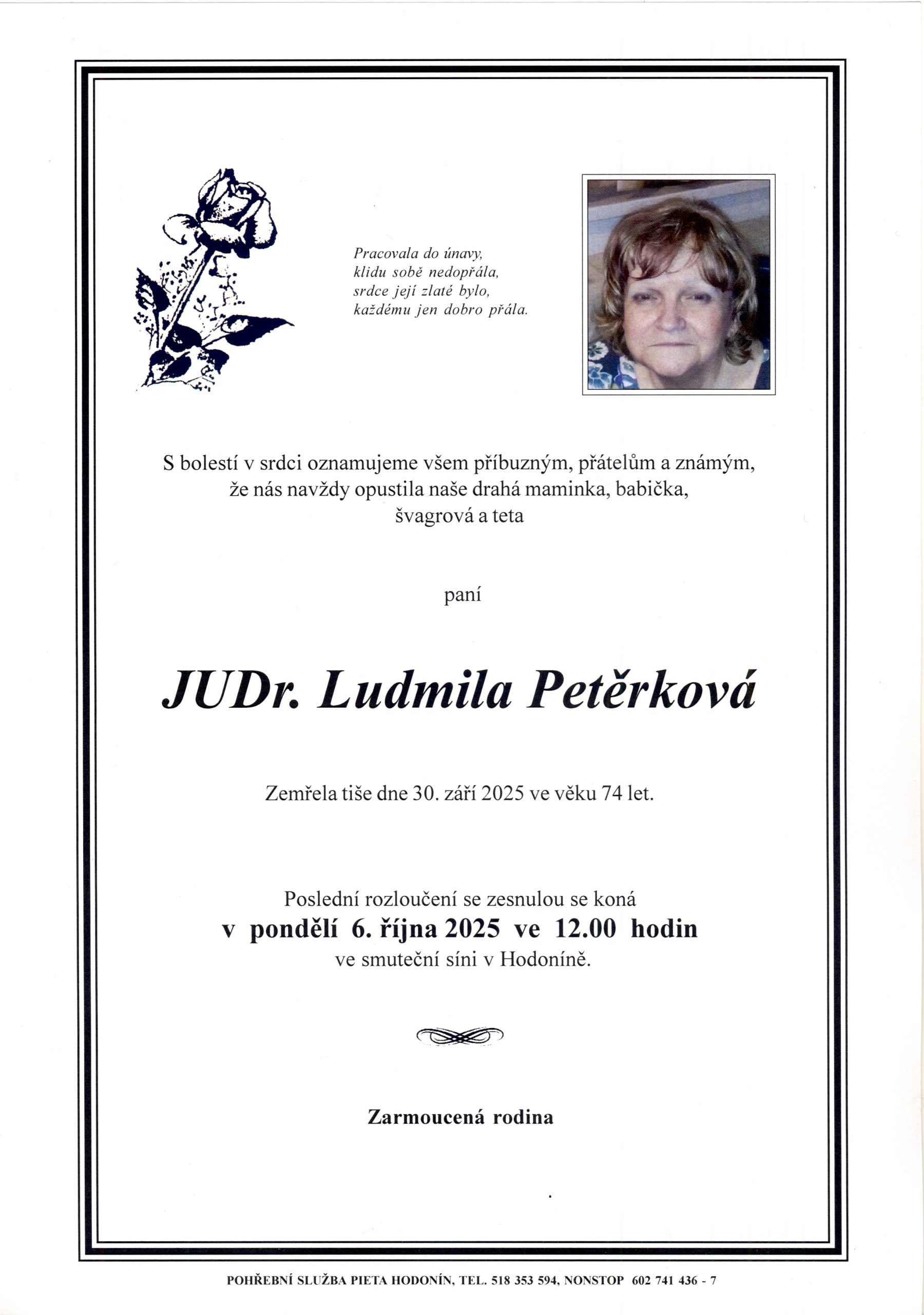 Smuteční oznámení – JUDr. Ludmila Petěrková