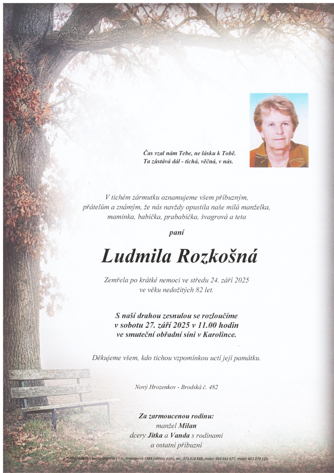 Smuteční oznámení – Ludmila Rozkošná