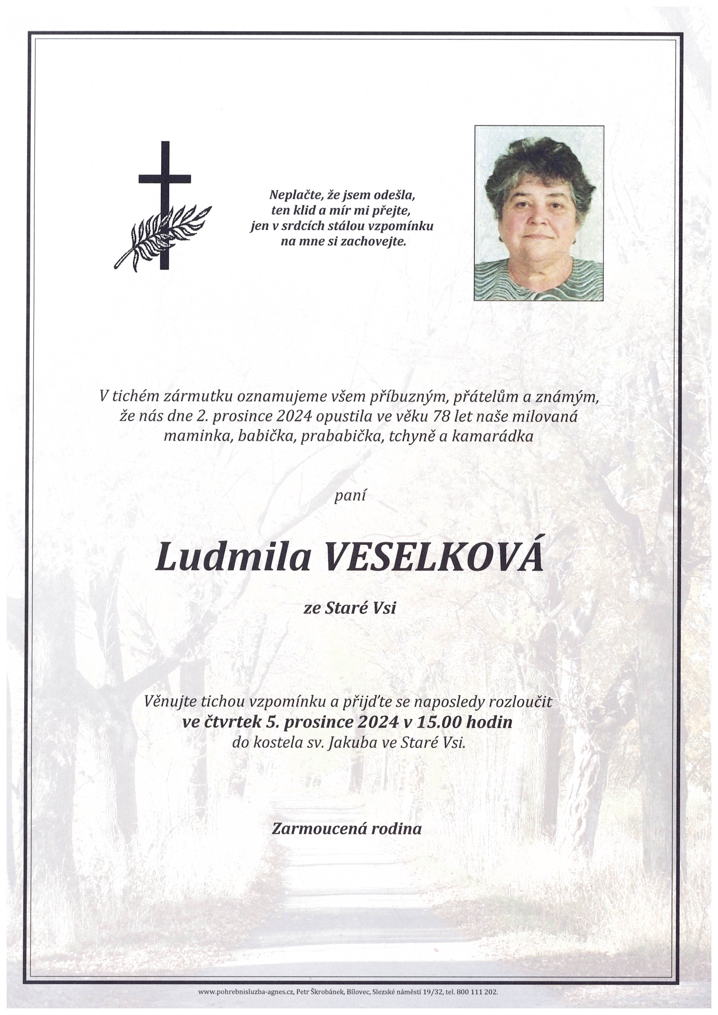 Smuteční oznámení – Ludmila Veselková