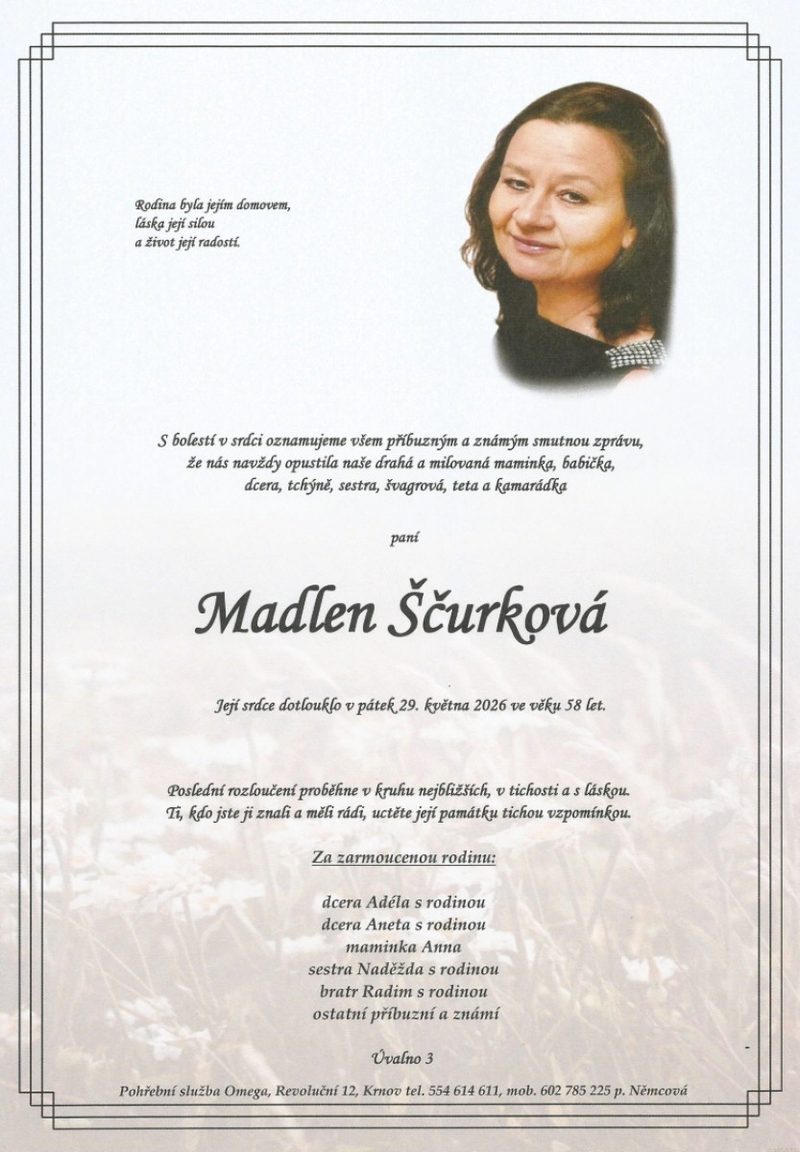 Smuteční oznámení – Madlen Ščurková