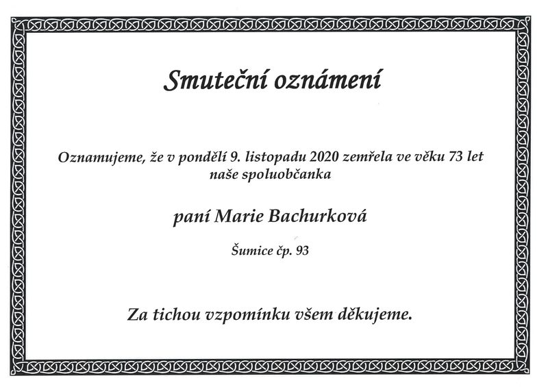 Smuteční oznámení – Marie Bachurková